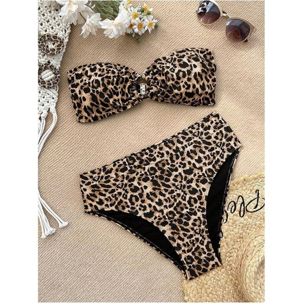 Women's Cheetah Leopard Print Bikini Set Strapless Bandeau High Waist SMALL